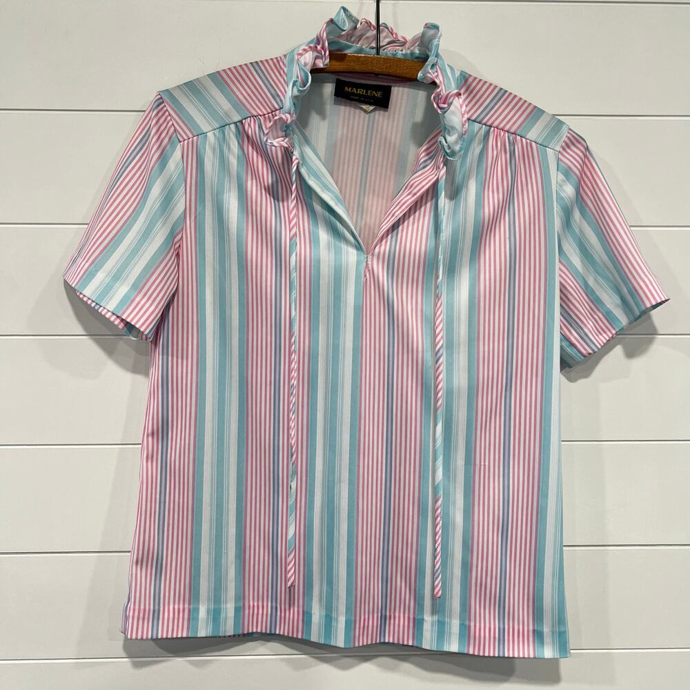 Marlene vintage pastel pink blue striped short-sleeved blouse Top Size 10 sm-med